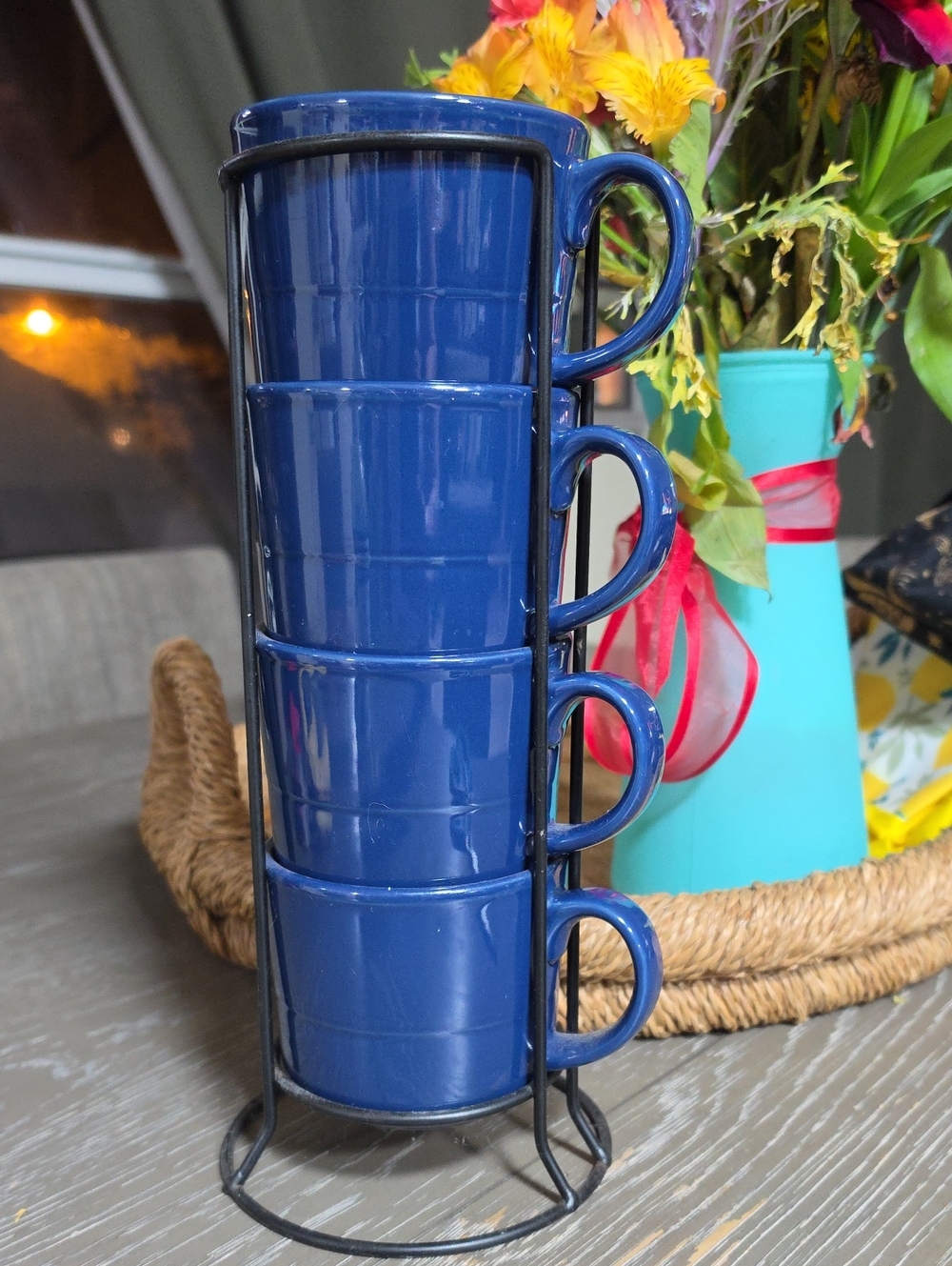 Stackable Blue Ceramic Mugs with Metal Rack - Home Kitchen